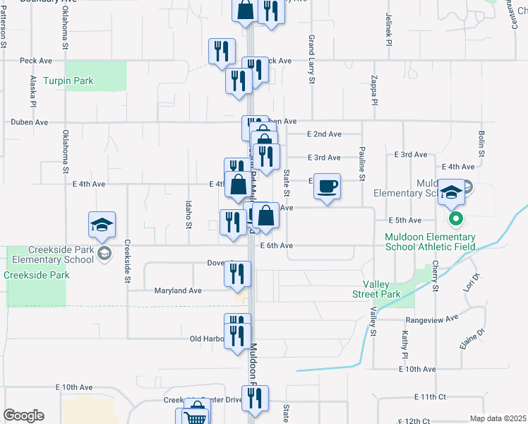 map of restaurants, bars, coffee shops, grocery stores, and more near 7930 East 5th Avenue in Anchorage