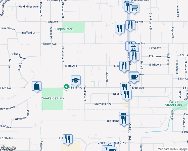 map of restaurants, bars, coffee shops, grocery stores, and more near 7536 East 4th Avenue in Anchorage