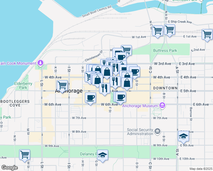 map of restaurants, bars, coffee shops, grocery stores, and more near 547 West 4th Avenue in Anchorage