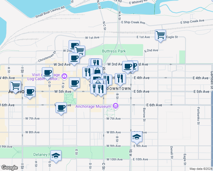 map of restaurants, bars, coffee shops, grocery stores, and more near 425 C Street in Anchorage