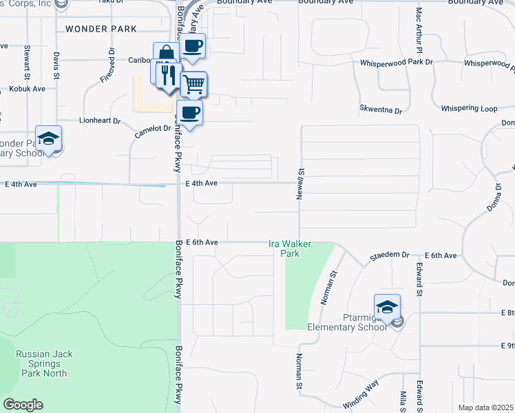 map of restaurants, bars, coffee shops, grocery stores, and more near 5721 Rocky Mountain Court in Anchorage