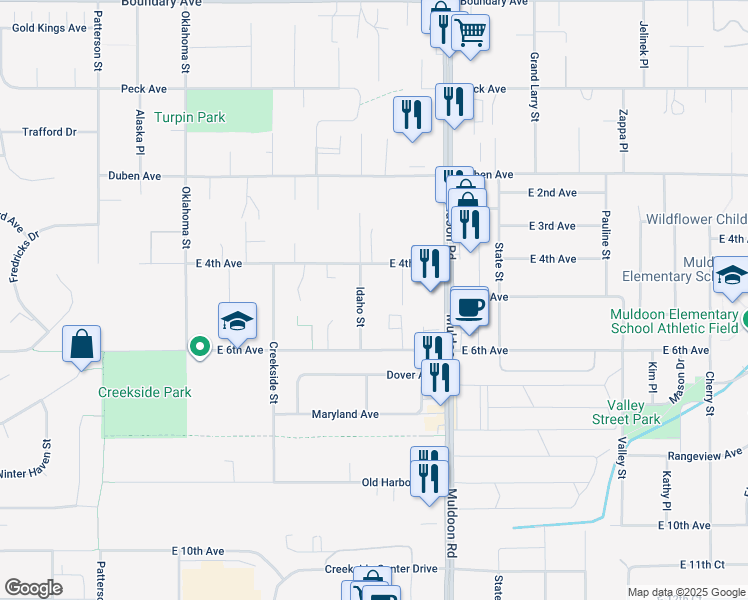 map of restaurants, bars, coffee shops, grocery stores, and more near 424 Kenny Place in Anchorage
