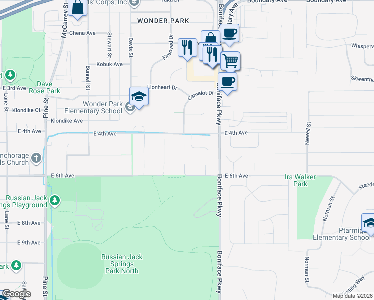 map of restaurants, bars, coffee shops, grocery stores, and more near 5420 New Smyrna Circle in Anchorage