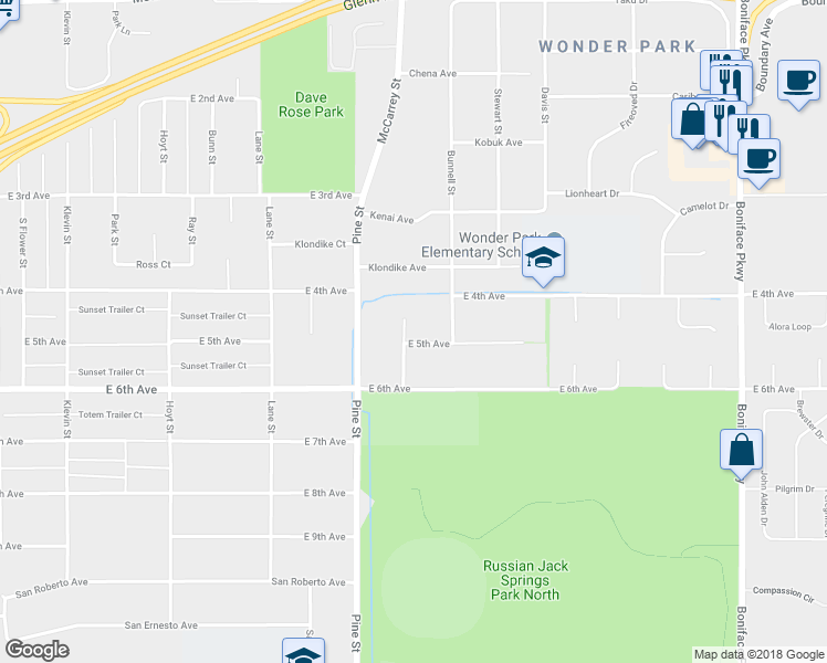 map of restaurants, bars, coffee shops, grocery stores, and more near 4809 East 5th Avenue in Anchorage
