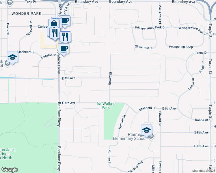 map of restaurants, bars, coffee shops, grocery stores, and more near 60 Driftwood Avenue in Anchorage