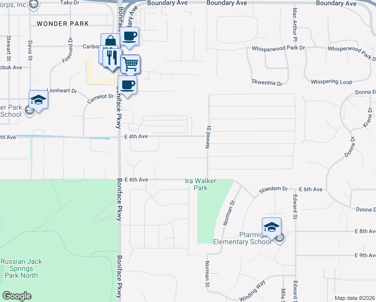 map of restaurants, bars, coffee shops, grocery stores, and more near 5821 Rocky Mountain Court in Anchorage