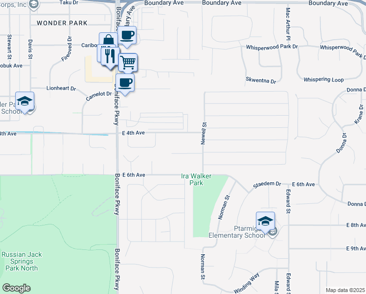 map of restaurants, bars, coffee shops, grocery stores, and more near 5821 Rocky Mountain Court in Anchorage