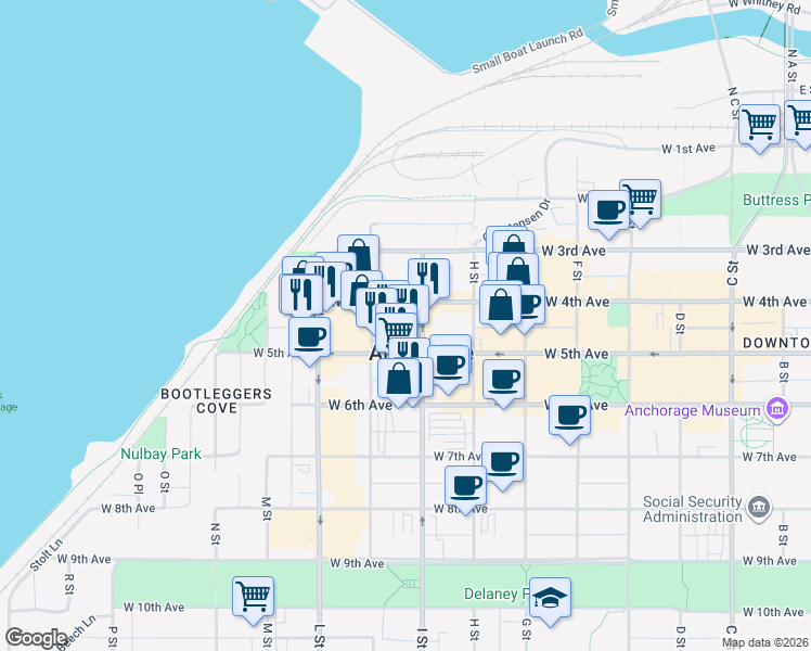 map of restaurants, bars, coffee shops, grocery stores, and more near in Anchorage