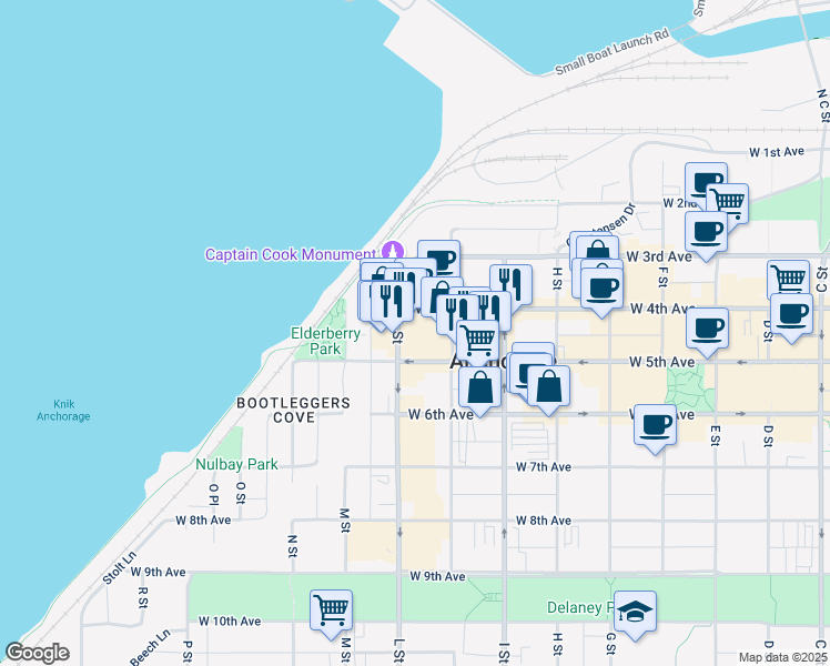map of restaurants, bars, coffee shops, grocery stores, and more near 430 K Street in Anchorage