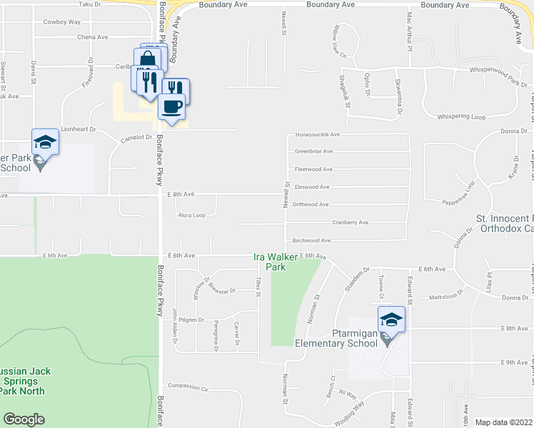 map of restaurants, bars, coffee shops, grocery stores, and more near 5821 Rocky Mountain Court in Anchorage