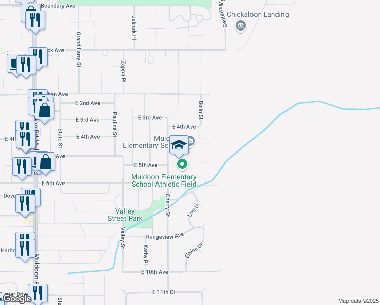 map of restaurants, bars, coffee shops, grocery stores, and more near 525 Cherry Street in Anchorage