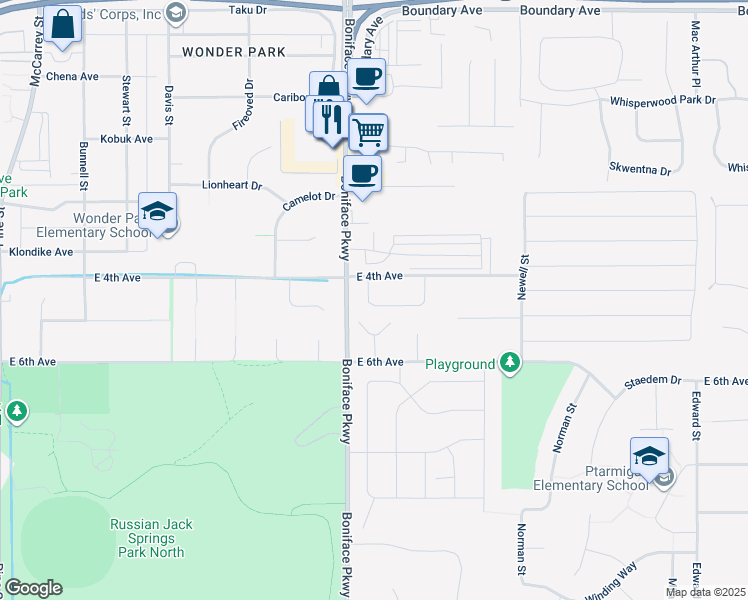 map of restaurants, bars, coffee shops, grocery stores, and more near 500 San Juan Circle in Anchorage