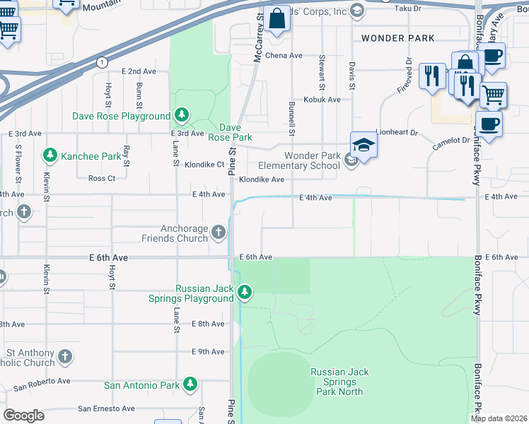 map of restaurants, bars, coffee shops, grocery stores, and more near 401 Mellow Place in Anchorage