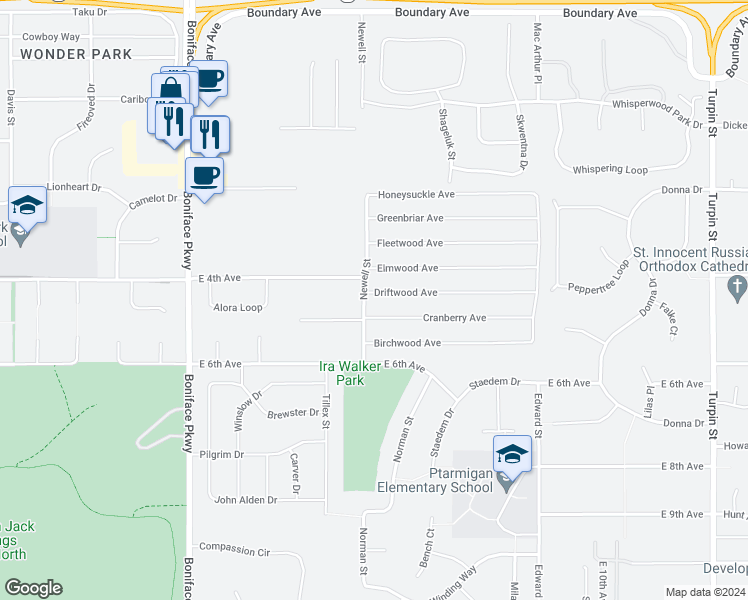 map of restaurants, bars, coffee shops, grocery stores, and more near 60 Driftwood Avenue in Anchorage