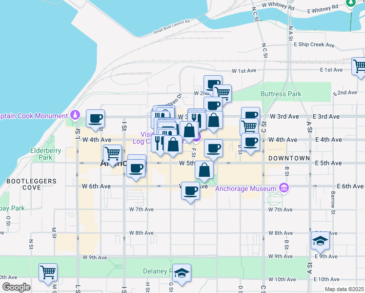 map of restaurants, bars, coffee shops, grocery stores, and more near 630 West 4th Avenue in Anchorage