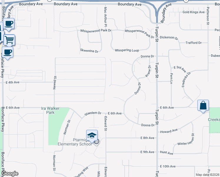 map of restaurants, bars, coffee shops, grocery stores, and more near 6301 Habicht Court in Anchorage