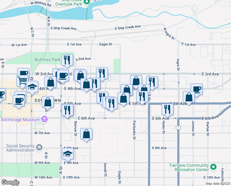 map of restaurants, bars, coffee shops, grocery stores, and more near 435 East 5th Avenue in Anchorage