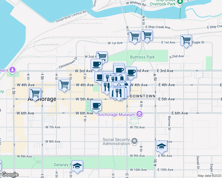 map of restaurants, bars, coffee shops, grocery stores, and more near 400 D Street in Anchorage