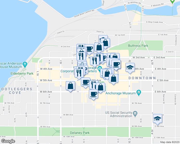 map of restaurants, bars, coffee shops, grocery stores, and more near 630 West 4th Avenue in Anchorage