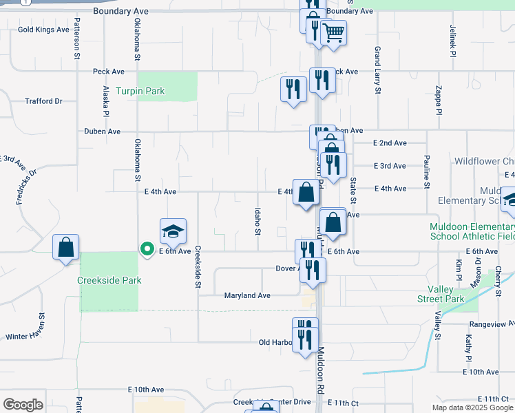 map of restaurants, bars, coffee shops, grocery stores, and more near 446 Idaho Street in Anchorage