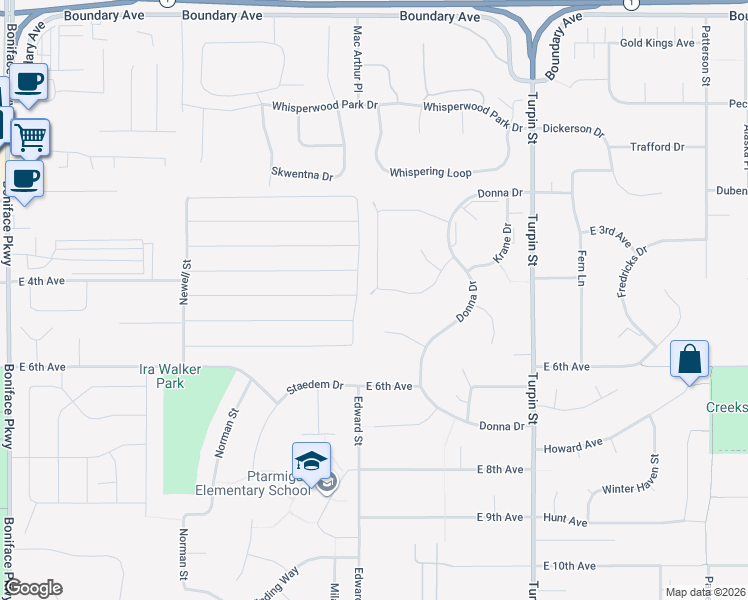 map of restaurants, bars, coffee shops, grocery stores, and more near 6301 Habicht Court in Anchorage