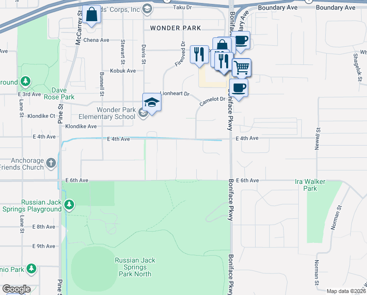 map of restaurants, bars, coffee shops, grocery stores, and more near 461 Capricorn Circle in Anchorage