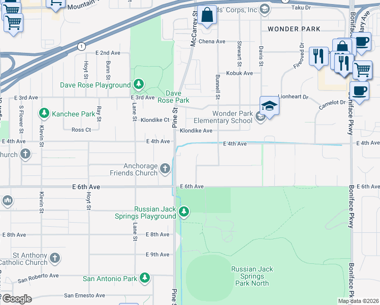 map of restaurants, bars, coffee shops, grocery stores, and more near 401 Mellow Pl in Anchorage