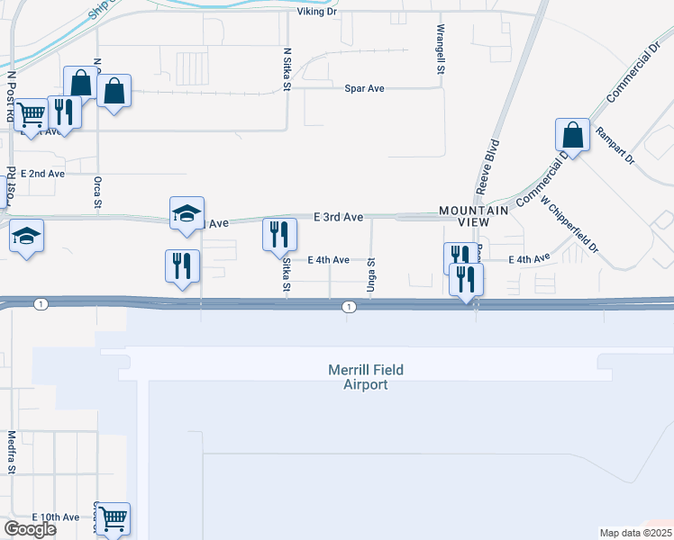 map of restaurants, bars, coffee shops, grocery stores, and more near 1939 East 5th Avenue in Anchorage