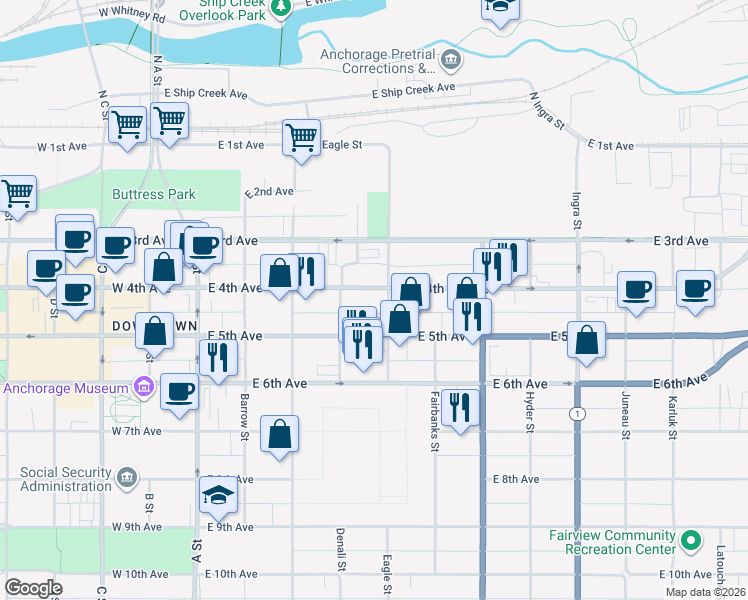 map of restaurants, bars, coffee shops, grocery stores, and more near 435 East 5th Avenue in Anchorage