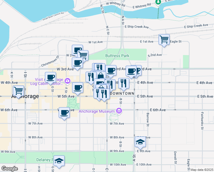 map of restaurants, bars, coffee shops, grocery stores, and more near 425 C Street in Anchorage