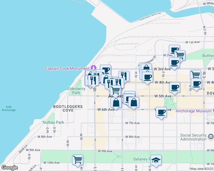 map of restaurants, bars, coffee shops, grocery stores, and more near 404 K Street in Anchorage