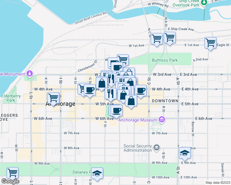 map of restaurants, bars, coffee shops, grocery stores, and more near 500 West 4th Avenue in Anchorage