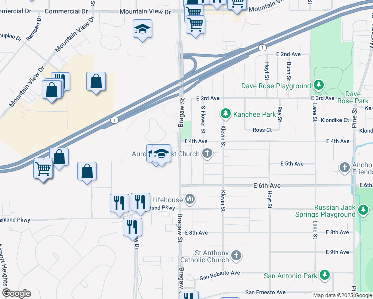map of restaurants, bars, coffee shops, grocery stores, and more near 3900 East 4th Avenue in Anchorage