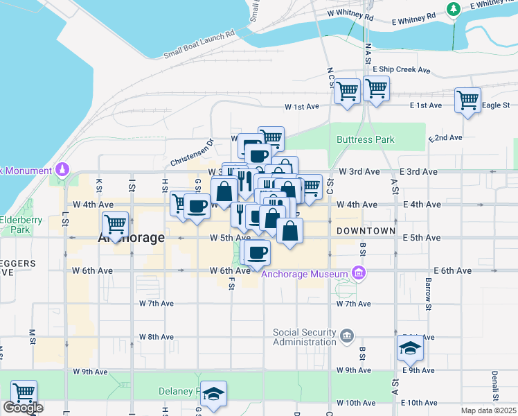 map of restaurants, bars, coffee shops, grocery stores, and more near 524 West 4th Avenue in Anchorage