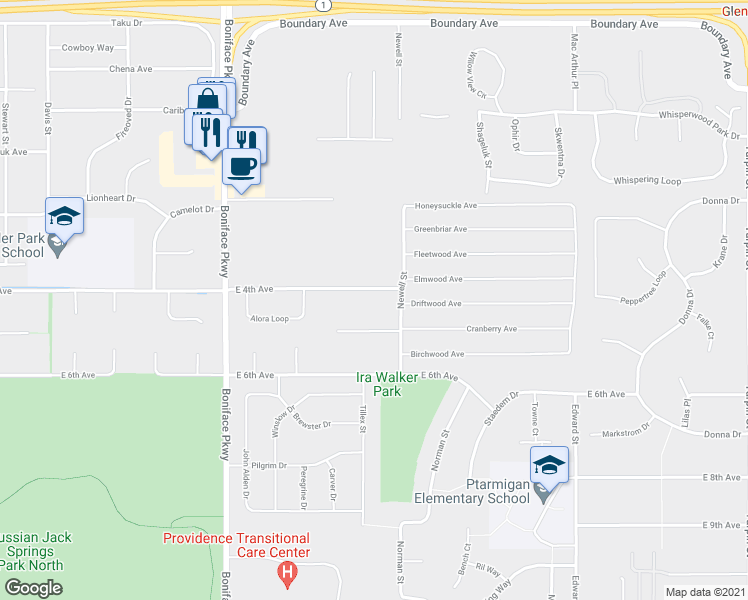 map of restaurants, bars, coffee shops, grocery stores, and more near 5821 Rocky Mountain Court in Anchorage