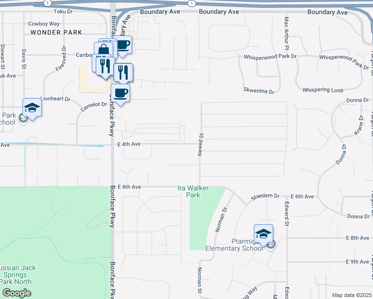 map of restaurants, bars, coffee shops, grocery stores, and more near 5820 East 4th Avenue in Anchorage