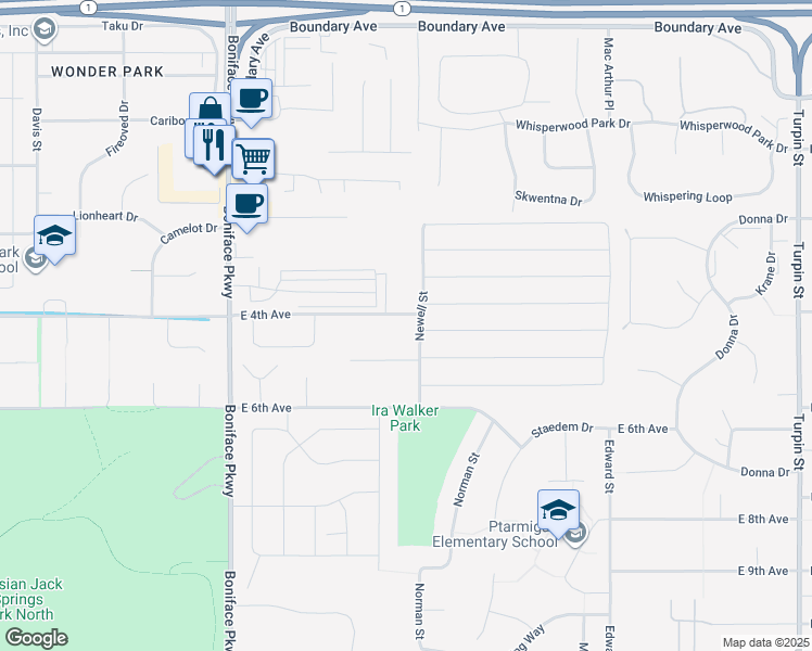 map of restaurants, bars, coffee shops, grocery stores, and more near 5821 Rocky Mountain Court in Anchorage