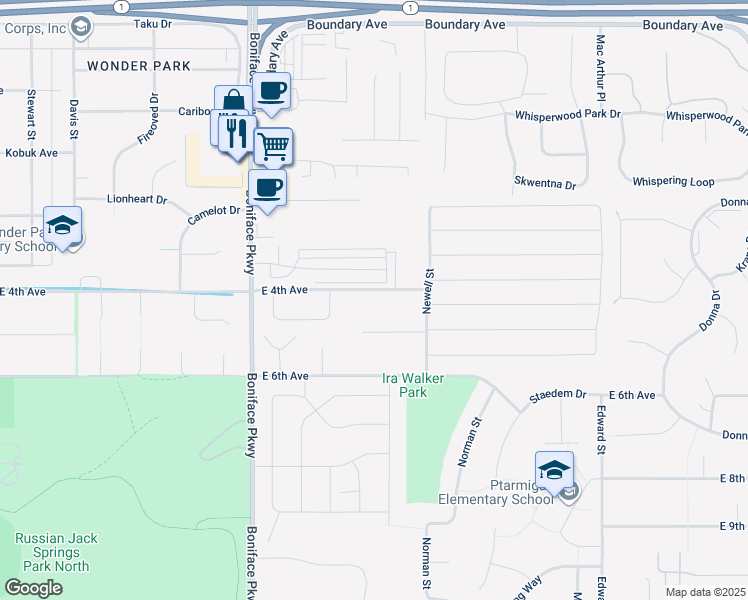 map of restaurants, bars, coffee shops, grocery stores, and more near 5721 Rocky Mountain Court in Anchorage