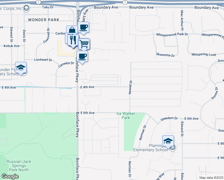map of restaurants, bars, coffee shops, grocery stores, and more near 5721 Rocky Mountain Court in Anchorage