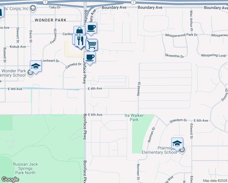 map of restaurants, bars, coffee shops, grocery stores, and more near 5654 Alora Loop in Anchorage