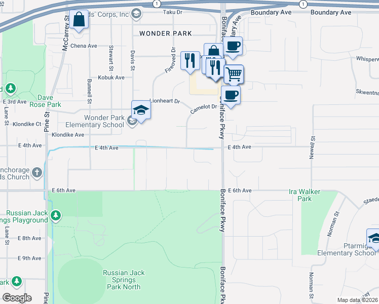 map of restaurants, bars, coffee shops, grocery stores, and more near 5420 New Smyrna Circle in Anchorage