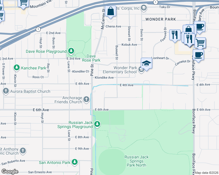 map of restaurants, bars, coffee shops, grocery stores, and more near 4809 East 5th Avenue in Anchorage