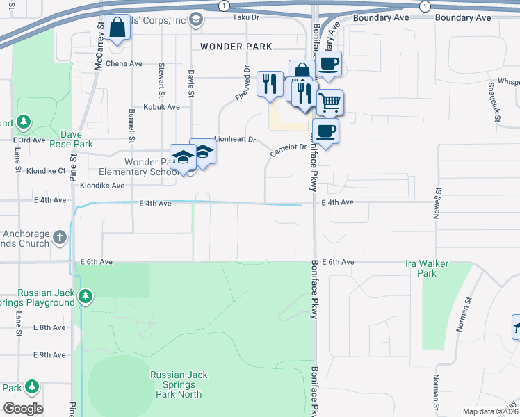map of restaurants, bars, coffee shops, grocery stores, and more near 5300 East 4th Avenue in Anchorage