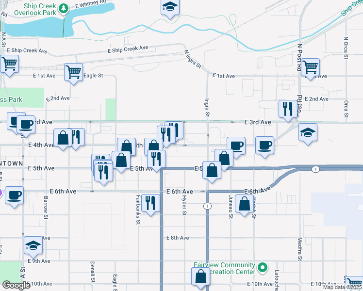 map of restaurants, bars, coffee shops, grocery stores, and more near 745 East 4th Avenue in Anchorage