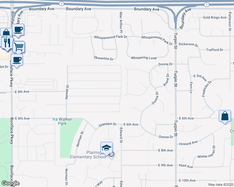 map of restaurants, bars, coffee shops, grocery stores, and more near Cranberry Ave in Anchorage