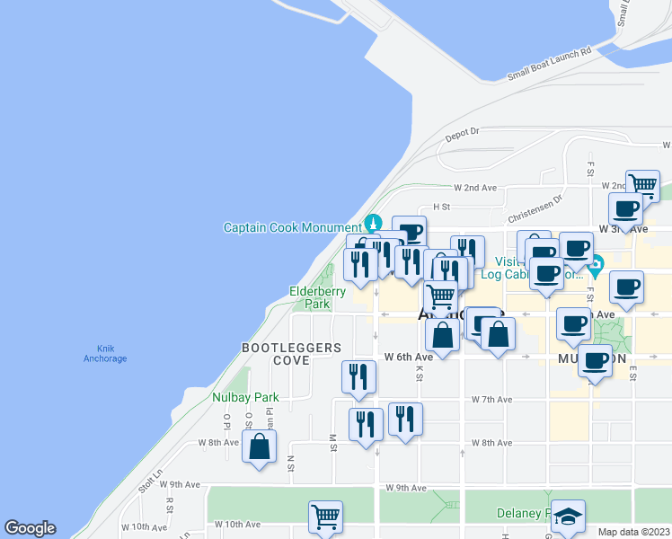 map of restaurants, bars, coffee shops, grocery stores, and more near 433 M Street in Anchorage