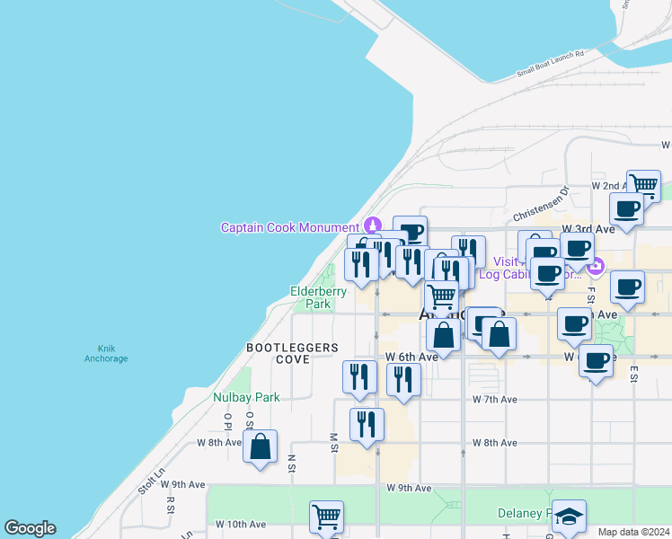 map of restaurants, bars, coffee shops, grocery stores, and more near 433 M Street in Anchorage