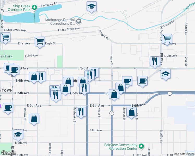 map of restaurants, bars, coffee shops, grocery stores, and more near 745 East 4th Avenue in Anchorage