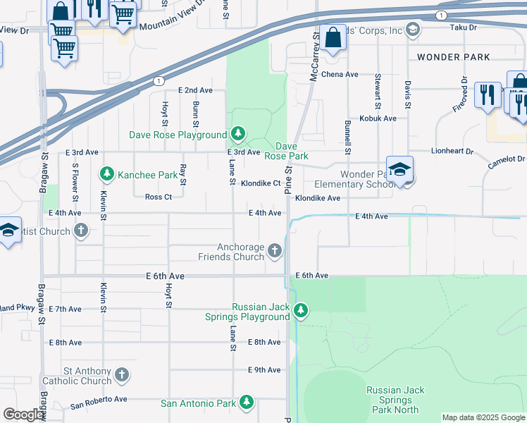 map of restaurants, bars, coffee shops, grocery stores, and more near 4618 Klondike Court in Anchorage