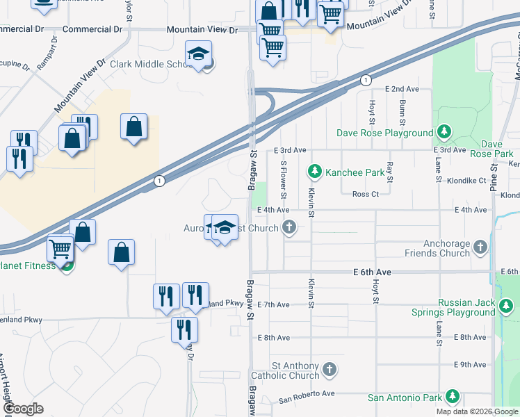map of restaurants, bars, coffee shops, grocery stores, and more near 3900 East 4th Avenue in Anchorage